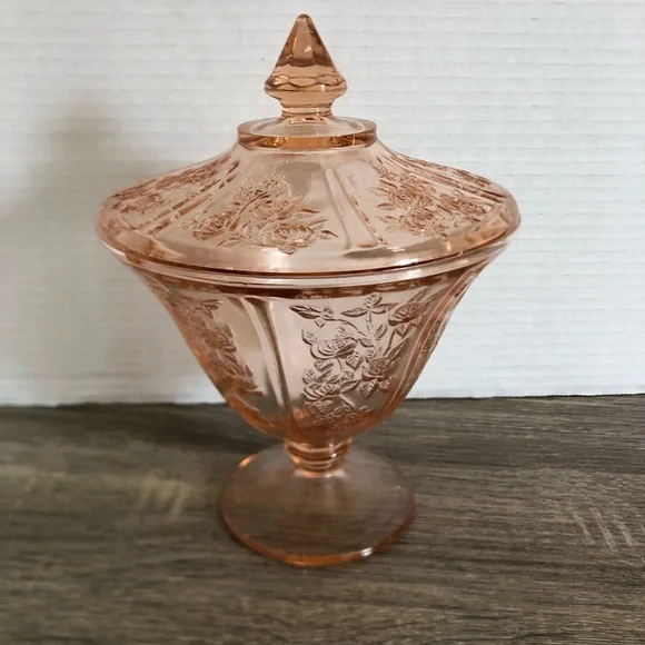 Vtg Federal Glass Pink Sharon Cabbage Rose Covered Candy Dish - Picture 2 of 14